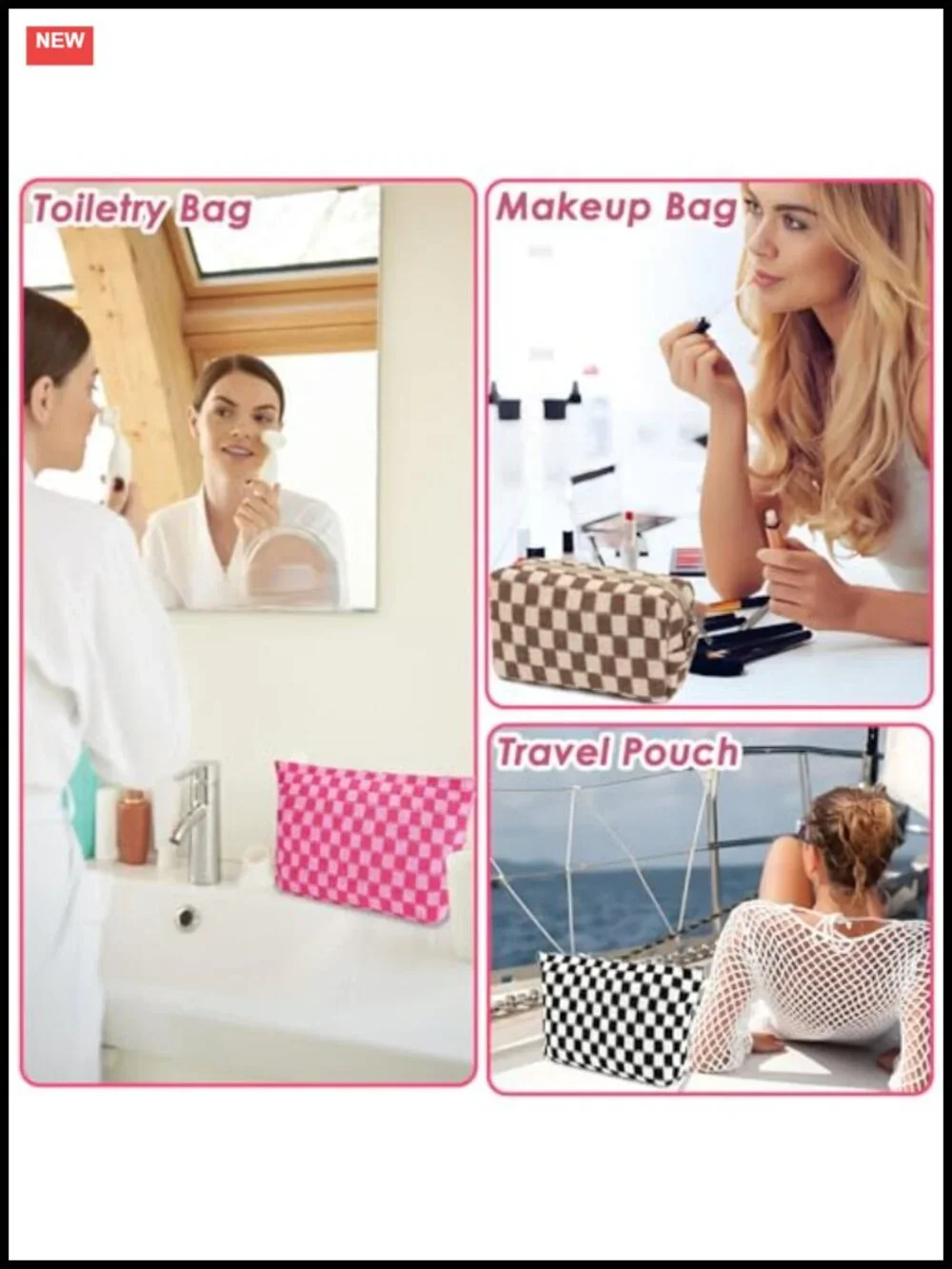 Travel Makeup Bag Set 2PCS Checkered Cosmetic Organizer Pouch Toiletry Case